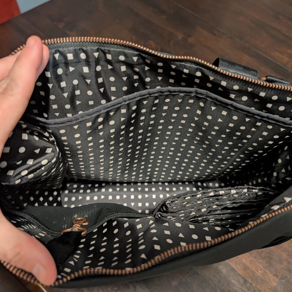 Petunia Pickle Bottom Pivot Black and Gray Diaper Bag, Rose Gold Hardware.